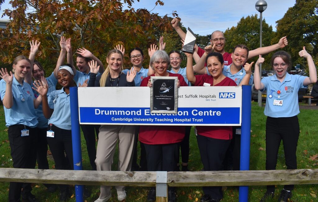 Staff from West Suffolk Hospital with T level students from West Suffolk College celebrate gaining an Eastern Region apprenticeship award related to T Levels