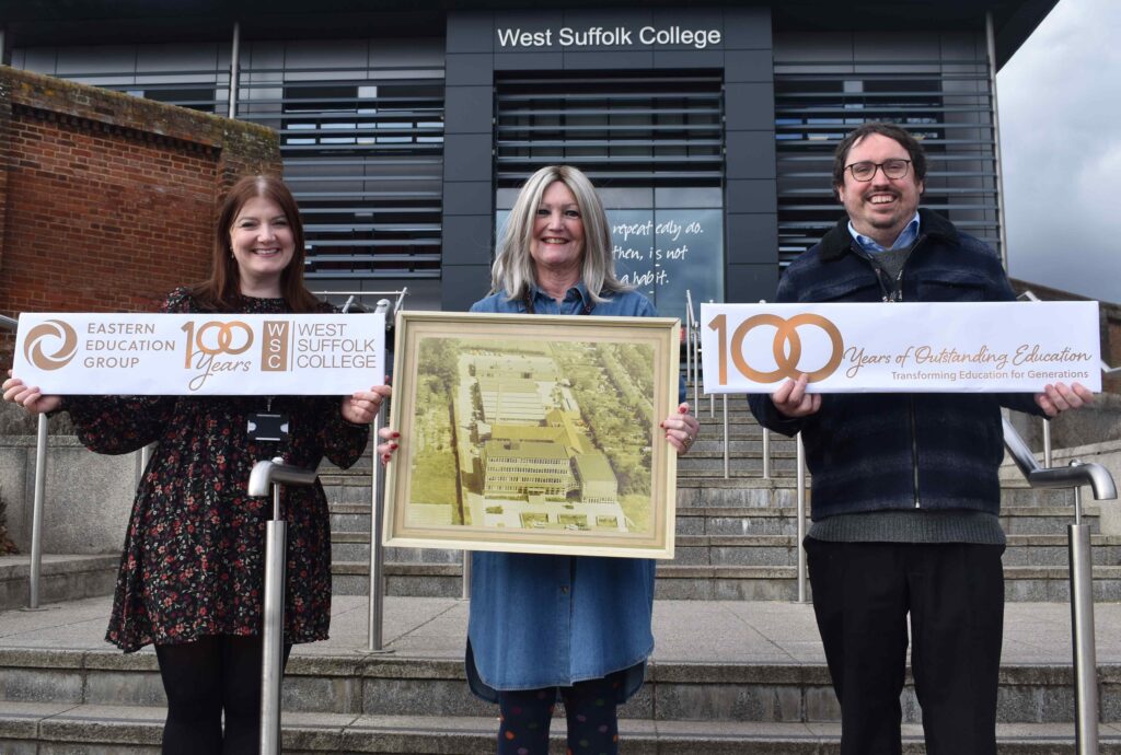 Cara Shirley, Penny Stevens (who has worked for the college for 40 years) and historian Daniel Connor prepare to celebrate 100 years of West Suffolk College