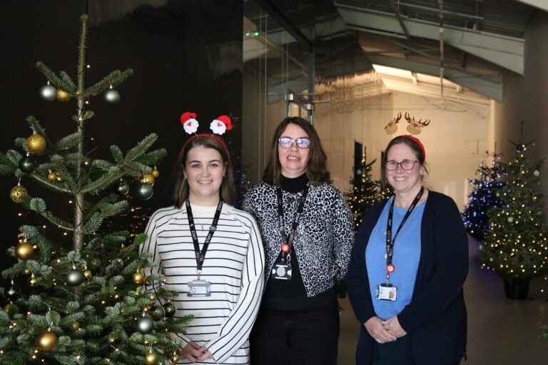 Staff next to Christmas Trees