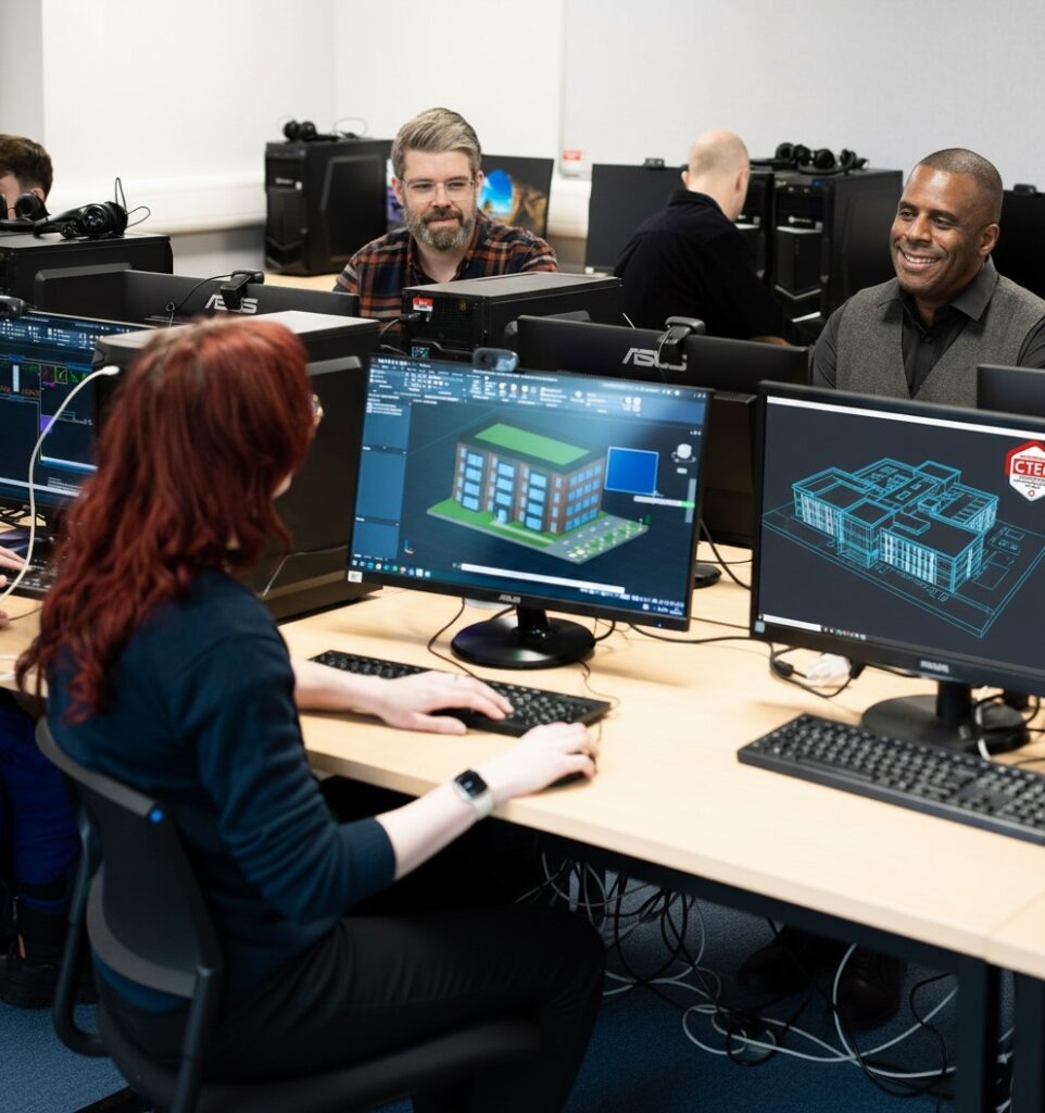 A female student chatting with two male students while working on monitors