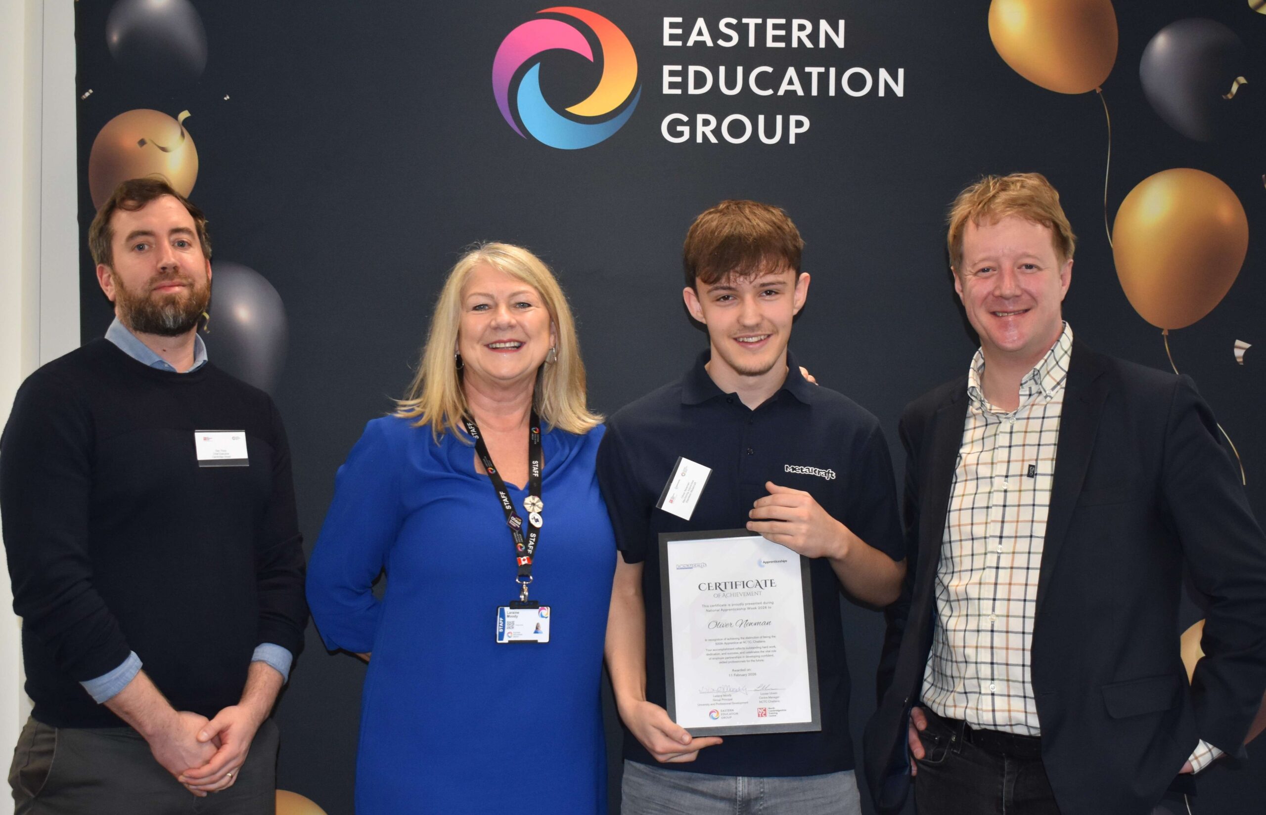 Dan Thorp (Cambridge Ahead), Laraine Moody (Eastern Education Group) Oliver Newman NCTC 500th apprentice with Paul Bristow - Mayor of Cambridgeshire and Peterborough