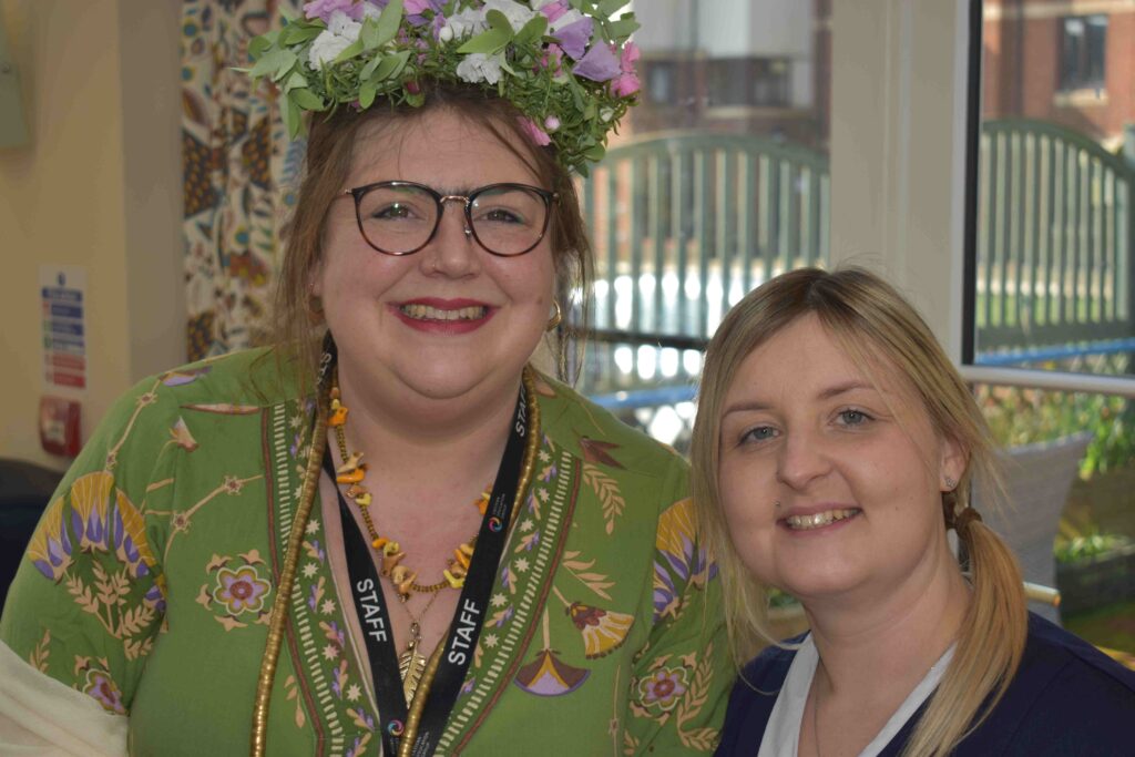 Penny Taylor-Jones with Emma from Woodspring House care home during World Book Day