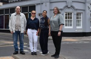 Karim and Anna (students) with Jane and Jools (staff) outside the new WSC learning centre on Museum Street in Ipswich