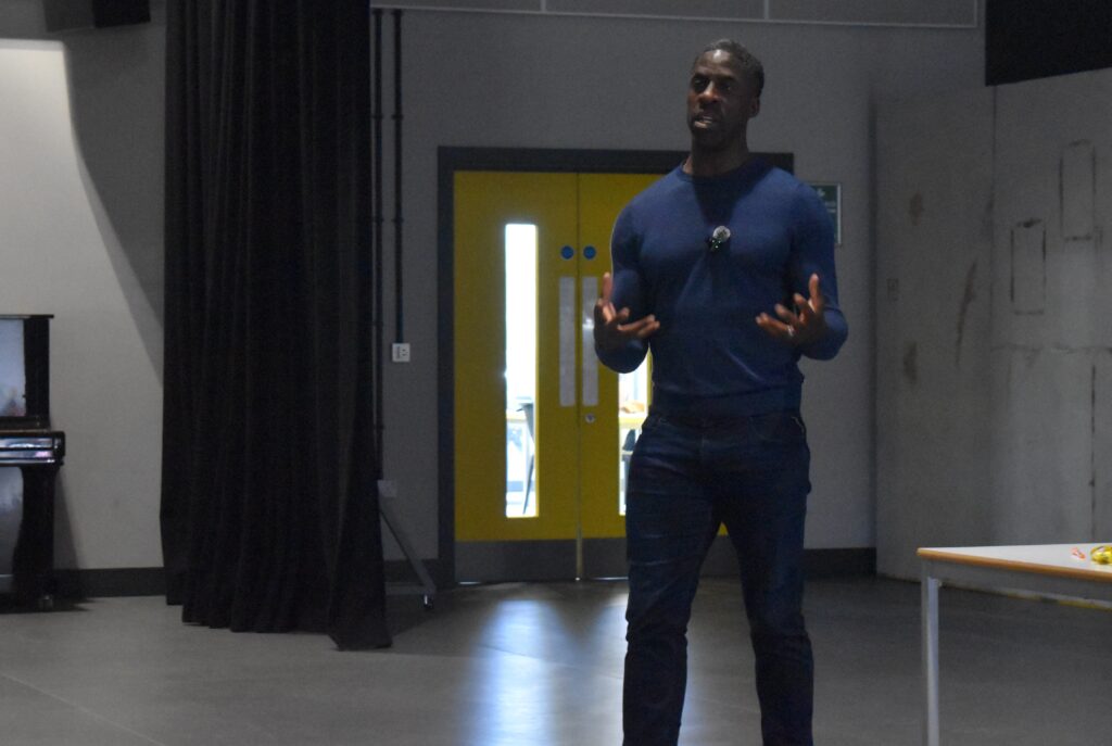3 Dwain Chambers at Abbeygate Sixth Form College discussing the ups and downs of his career
