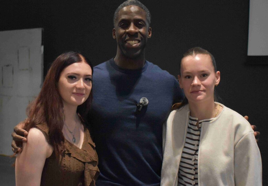 5 Sarah Milkinta and Megan Barnes sports students meeting Dwain Chambers