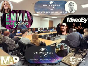 A montage of logos over a picture of students in a classroom listing to talks