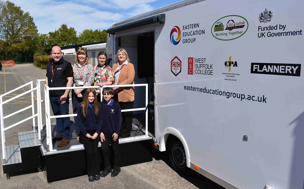 College helps bring careers to life thanks to council link up with new construction simulator van 1 Representatives from Eastern Education Group, Babergh and Mid Suffolk District Councils and Stowupland High School by the sim van