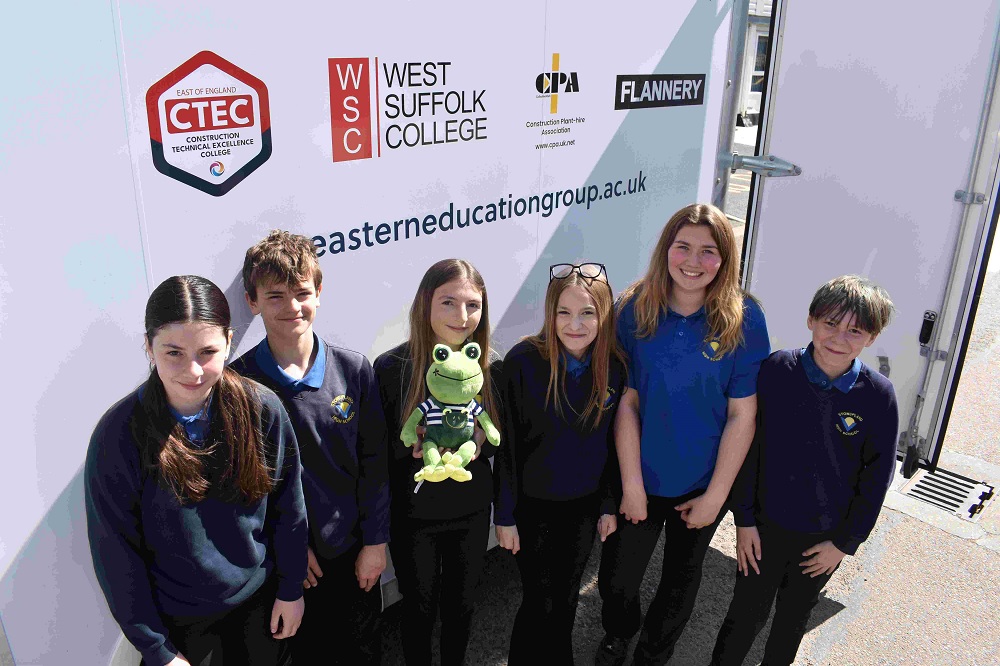 College helps bring careers to life thanks to council link up with new construction simulator van 2 Stowupland High School students outside the Sim Van