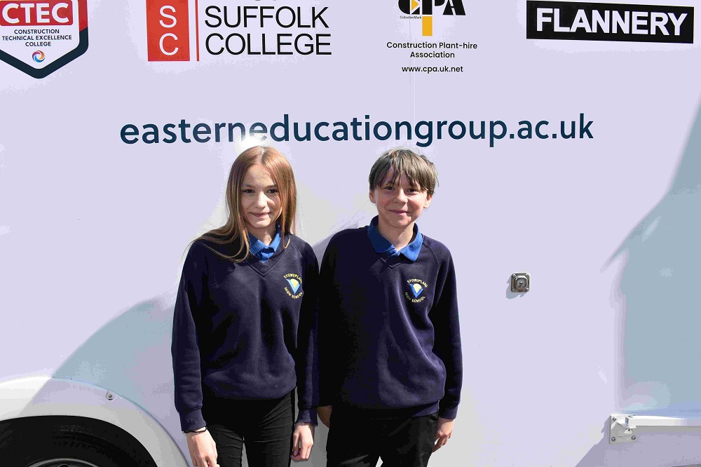 College helps bring careers to life thanks to council link up with new construction simulator van 4 Athena and Mason from Stowupland High School