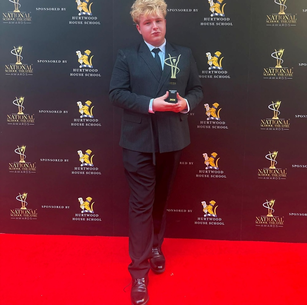 Lewis McLaughlin, winner of the award for Best Supporting Actor in a Musical, from One Sixth Form College at the 2026 National School Theatre Awards.
