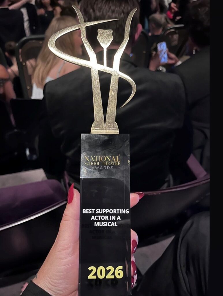 The trophy of Lewis McLaughlin, winner of the award for Best Supporting Actor in a Musical, from One Sixth Form College at the 2026 National School Theatre Awards.