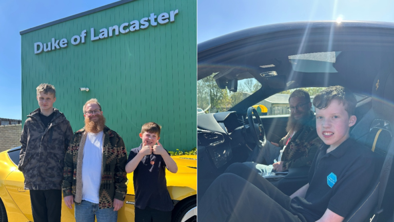 Racing ahead: Ferrari car inspires future student careers at Duke of Lancaster 2 Student with journalist in a yellow Ferrari