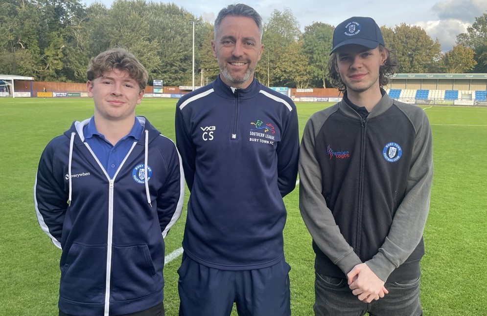 Teenage Motty has his eyes on Match of the Day 3 3 Noah Houghton Cole Skuse Bury Town FC manager and Travis Wright at Bury Town FC