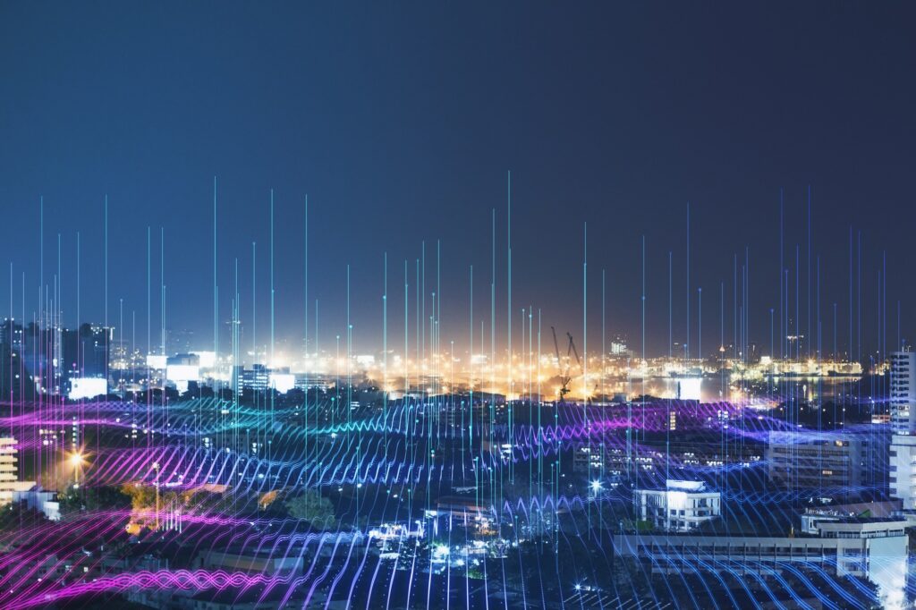 Modern cityscape with virtual AI conceptual landscape