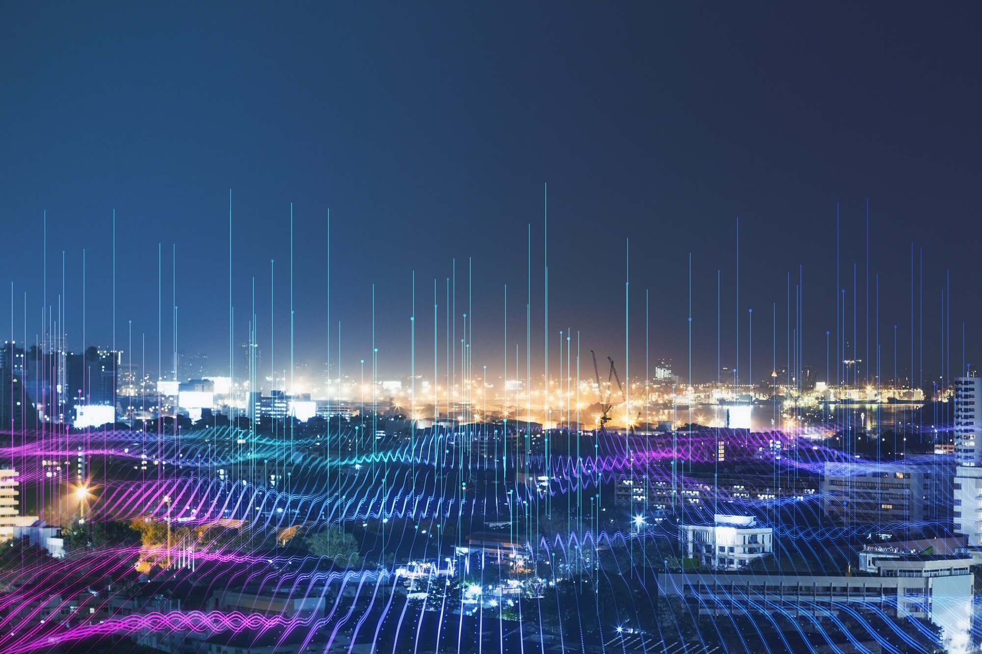 Modern cityscape with virtual AI conceptual landscape